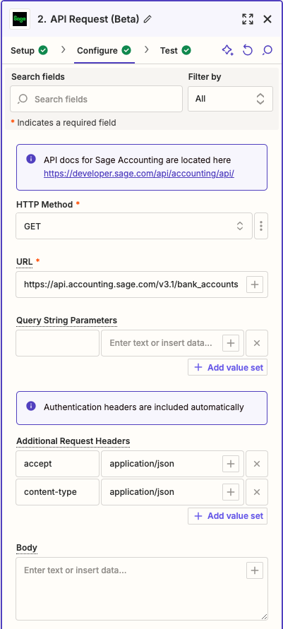 Create API Requests · Docs (v1.0.0) · Sage Accounting · Developer Portal